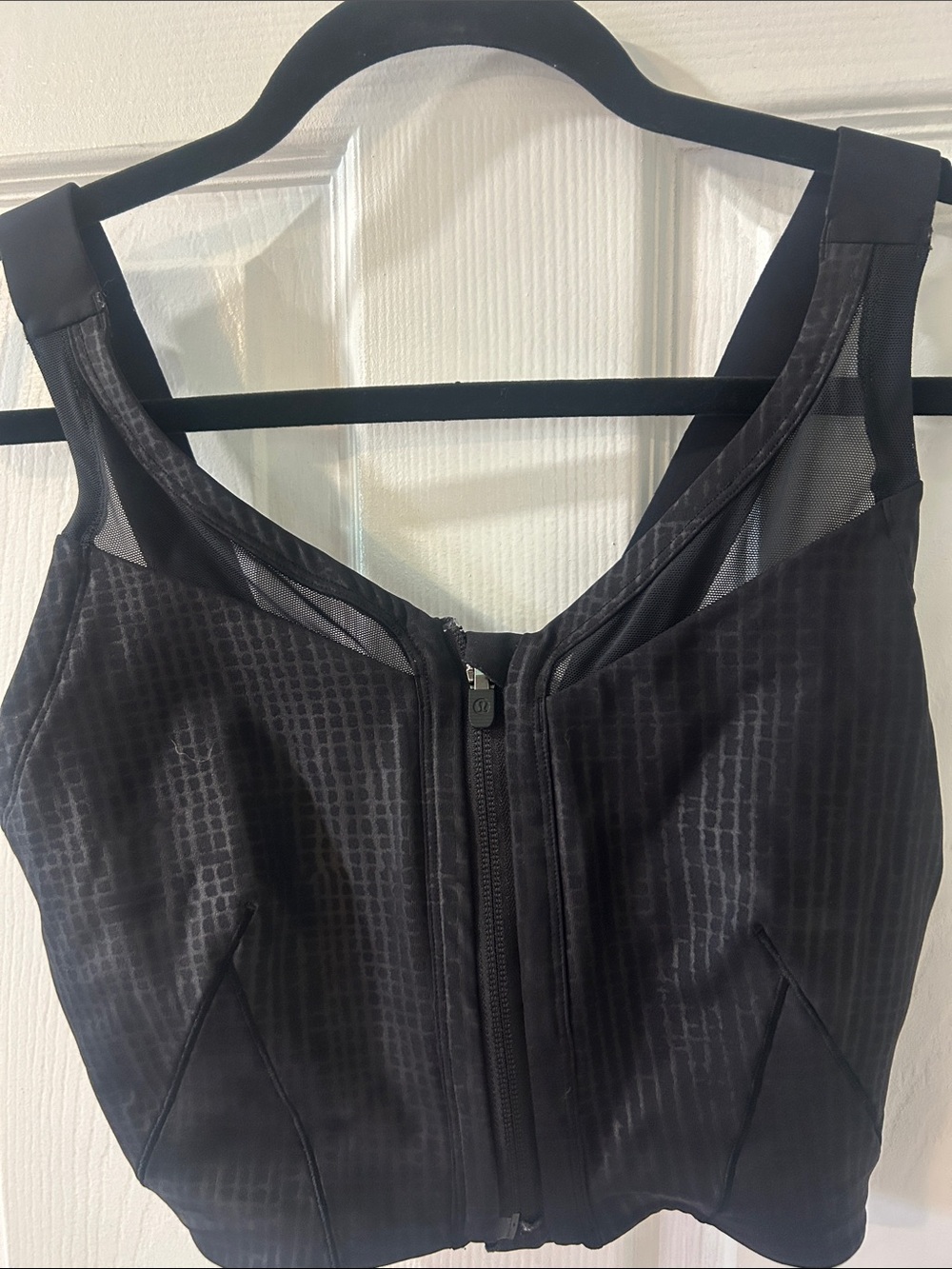 lululemon lab Zip-Front Bra in the color pattern Disrupt Grid Emboss Black.